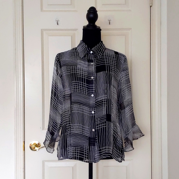 NWOT. NICOLA Black and White Multi Patterns 3/4 Sleeve Button Down Sheer Shirt. - Picture 1 of 4